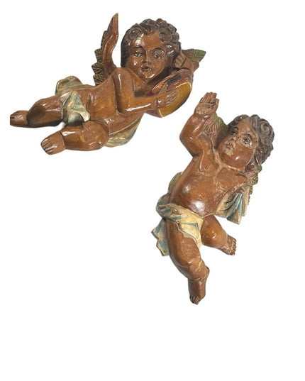 Antique Hand Carved solid wood  Italy Italian Angels wall hanging Angel x 2 pc