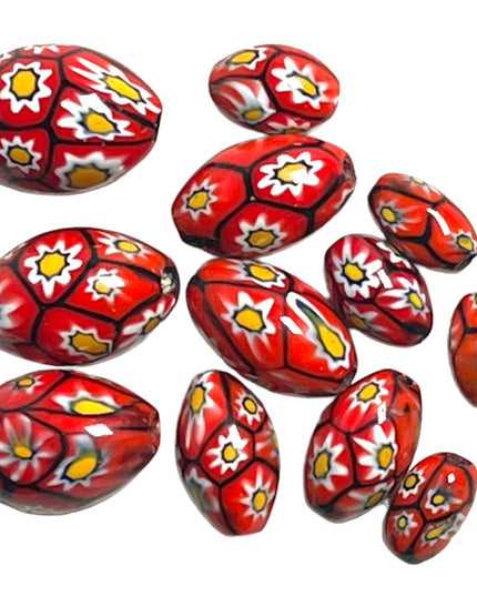 Antique Handmade VENETIAN Murano MILLEFIORI Glass Beads LOT red flowers