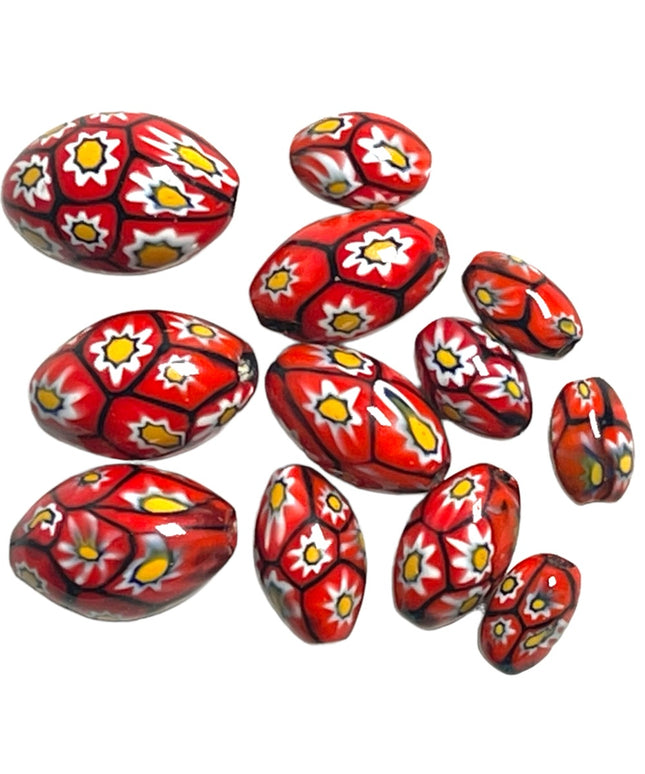 Antique Handmade VENETIAN Murano MILLEFIORI Glass Beads LOT red flowers