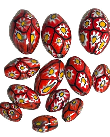 Antique Handmade VENETIAN Murano MILLEFIORI Glass Beads LOT red flowers