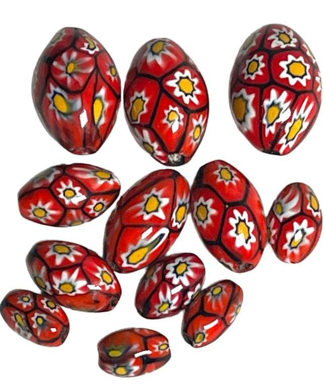 Antique Handmade VENETIAN Murano MILLEFIORI Glass Beads LOT red flowers