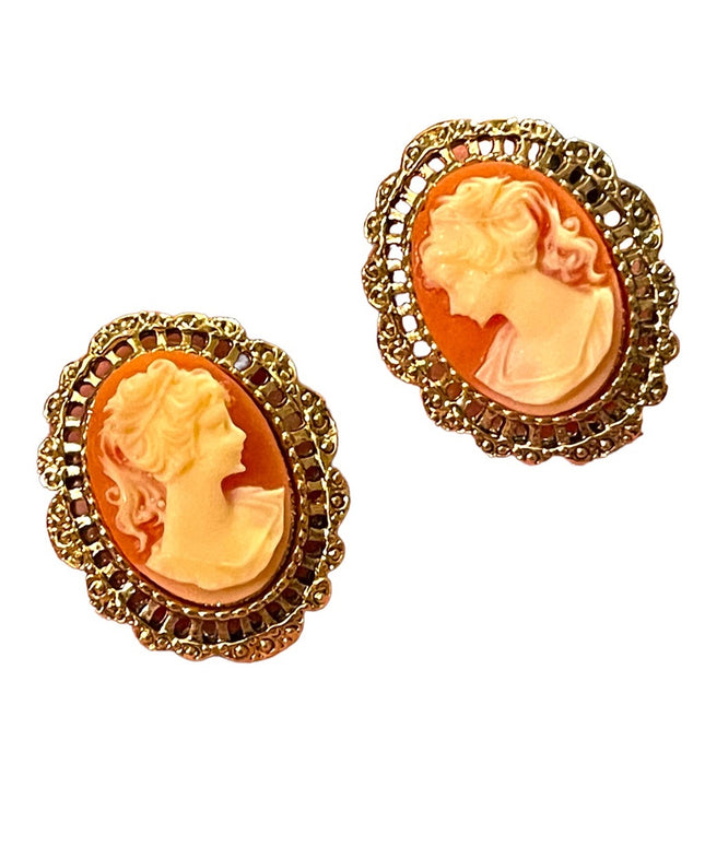 Lovely High shine gold  finish cameo fancy ornate earrings resin