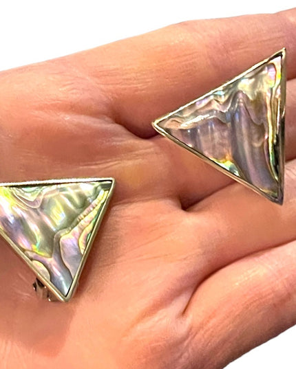 Vintage 1980s Alpaca Mexico Silver finish Abalone TRIANGLE clip on earrings
