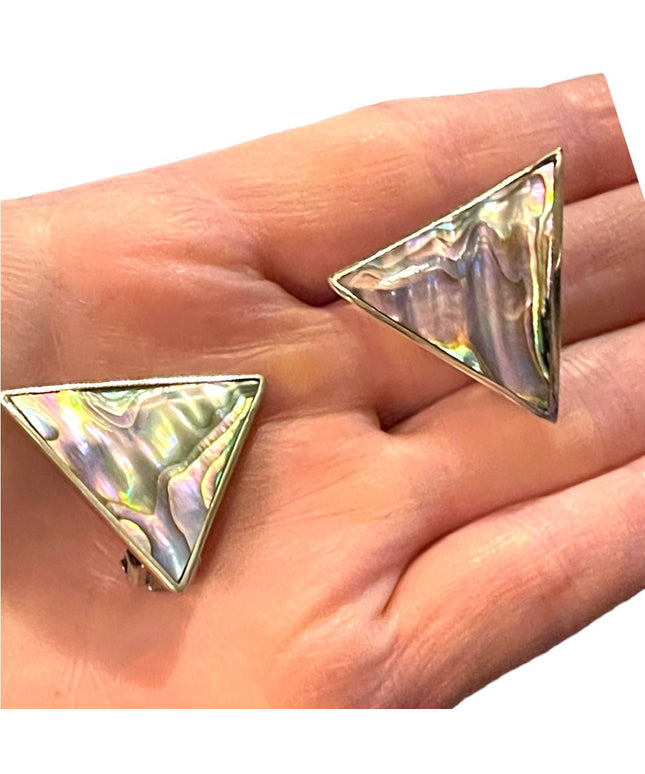 Vintage 1980s Alpaca Mexico Silver finish Abalone TRIANGLE clip on earrings