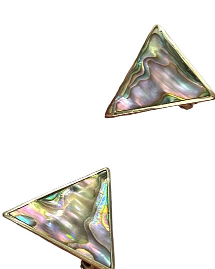 Vintage 1980s Alpaca Mexico Silver finish Abalone TRIANGLE clip on earrings