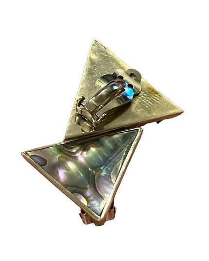 Vintage 1980s Alpaca Mexico Silver finish Abalone TRIANGLE clip on earrings