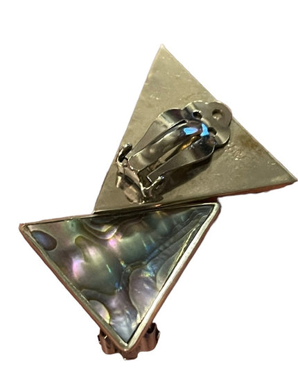 Vintage 1980s Alpaca Mexico Silver finish Abalone TRIANGLE clip on earrings