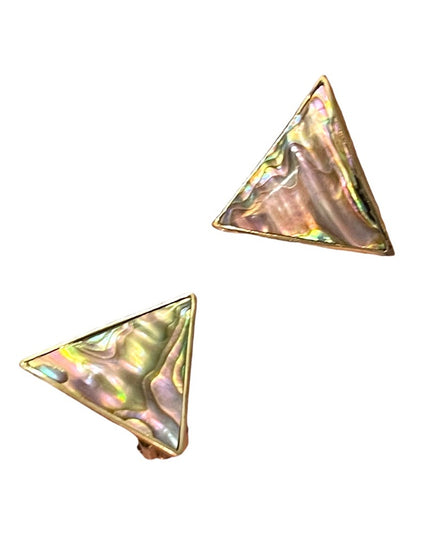 Vintage 1980s Alpaca Mexico Silver finish Abalone TRIANGLE clip on earrings
