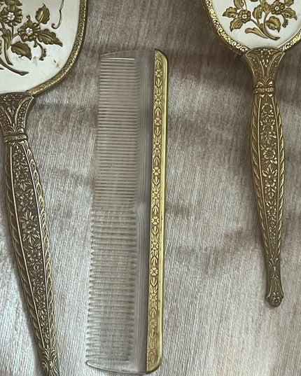 Antiqued Ormolu Gold gilt finish Mirror Brush comb vanity set