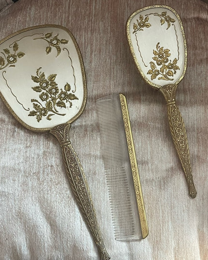 Antiqued Ormolu Gold gilt finish Mirror Brush comb vanity set