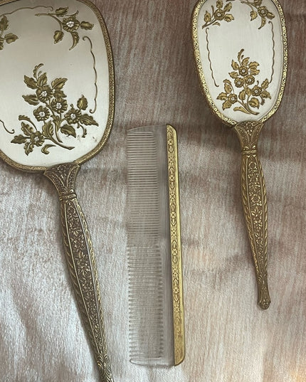 Antiqued Ormolu Gold gilt finish Mirror Brush comb vanity set