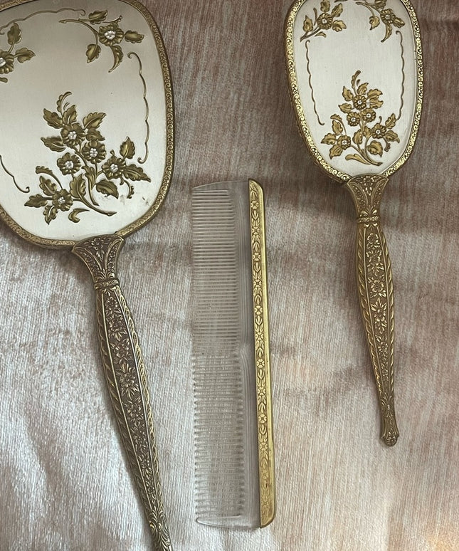 Antiqued Ormolu Gold gilt finish Mirror Brush comb vanity set