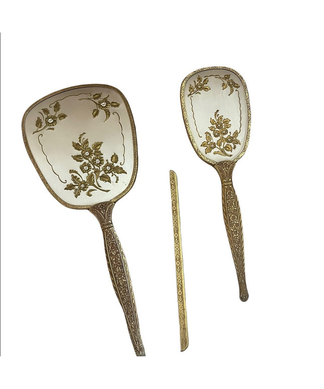 Antiqued Ormolu Gold gilt finish Mirror Brush comb vanity set