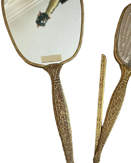 Antiqued Ormolu Gold gilt finish Mirror Brush comb vanity set