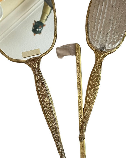 Antiqued Ormolu Gold gilt finish Mirror Brush comb vanity set