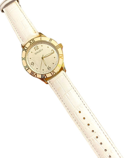 - Vintage 1980s Gruen Large white enamel face gold leather band quartz Wat…