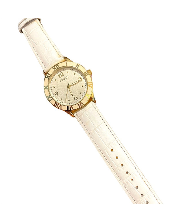 - Vintage 1980s Gruen Large white enamel face gold leather band quartz Wat…