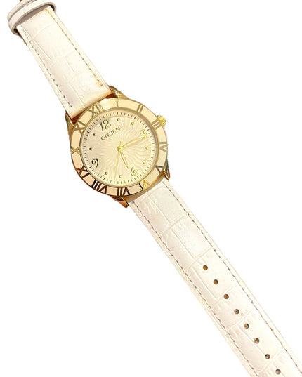 - Vintage 1980s Gruen Large white enamel face gold leather band quartz Wat…