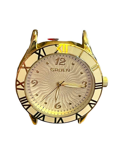 - Vintage 1980s Gruen Large white enamel face gold leather band quartz Wat…