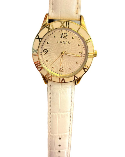 - Vintage 1980s Gruen Large white enamel face gold leather band quartz Wat…