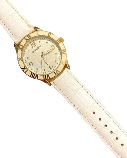 - Vintage 1980s Gruen Large white enamel face gold leather band quartz Wat…