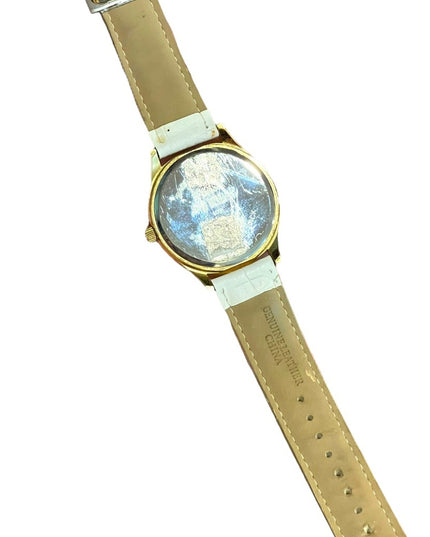 - Vintage 1980s Gruen Large white enamel face gold leather band quartz Wat…