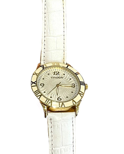 - Vintage 1980s Gruen Large white enamel face gold leather band quartz Wat…