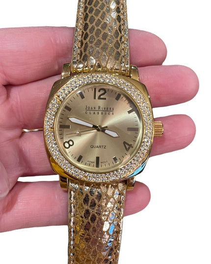 Joan Rivers Fancy chunky large statement watch with gold leather band rh…