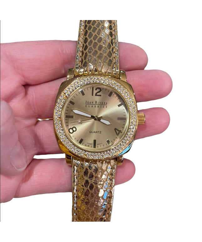 Joan Rivers Fancy chunky large statement watch with gold leather band rh…