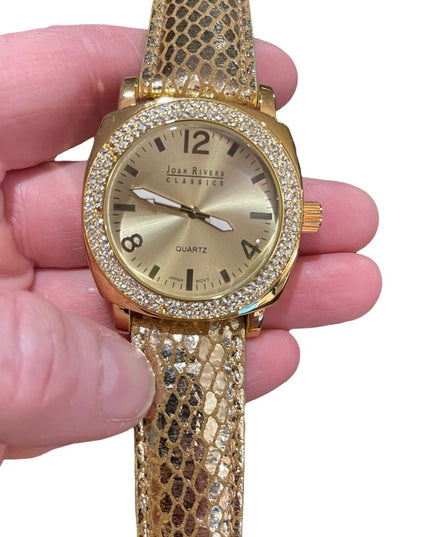 Joan Rivers Fancy chunky large statement watch with gold leather band rh…