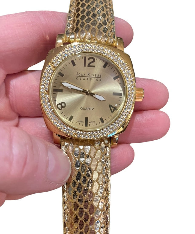 Joan Rivers Fancy chunky large statement watch with gold leather band rh…