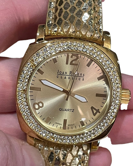 Joan Rivers Fancy chunky large statement watch with gold leather band rh…