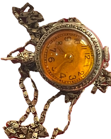 Antique Sterling silver 950 ORB pendant watch necklace wind up marcasite