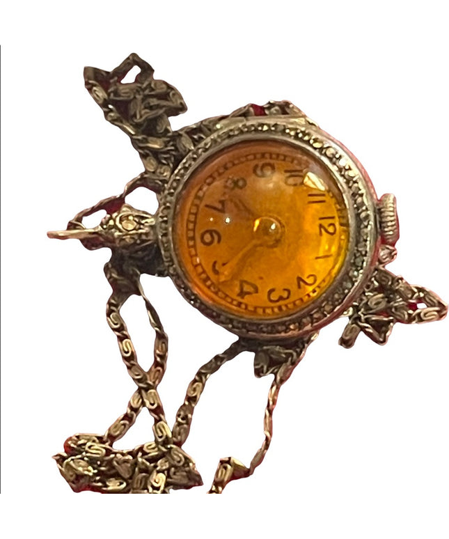 Antique Sterling silver 950 ORB pendant watch necklace wind up marcasite
