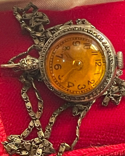 Antique Sterling silver 950 ORB pendant watch necklace wind up marcasite