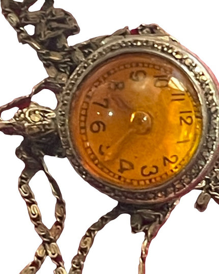 Antique Sterling silver 950 ORB pendant watch necklace wind up marcasite