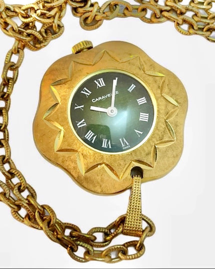 - Vintage eound ornate gold  high finish Caravelle Necklace watch Wind up