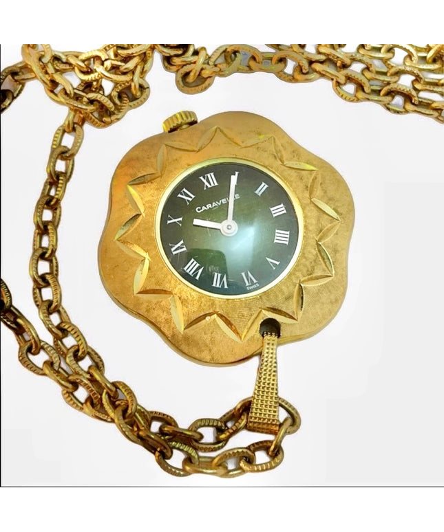 - Vintage eound ornate gold  high finish Caravelle Necklace watch Wind up