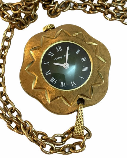 - Vintage eound ornate gold  high finish Caravelle Necklace watch Wind up