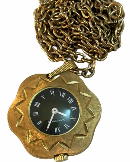 - Vintage eound ornate gold  high finish Caravelle Necklace watch Wind up