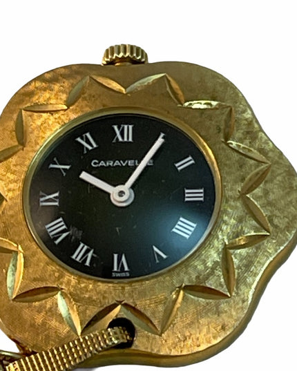 - Vintage eound ornate gold  high finish Caravelle Necklace watch Wind up