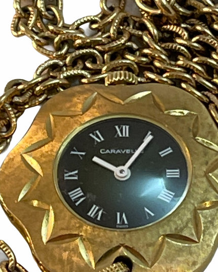 - Vintage eound ornate gold  high finish Caravelle Necklace watch Wind up