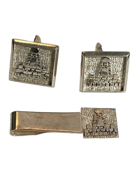 Vintage 1960s Mexico Mayan Aztec pyramids 900 Silver Cuff links & tie clip SET