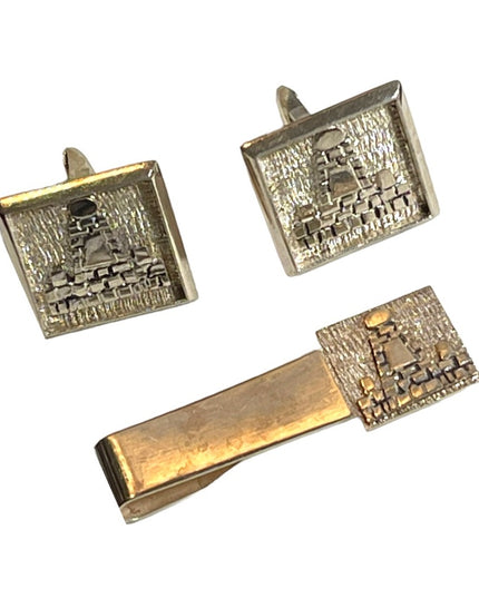 Vintage 1960s Mexico Mayan Aztec pyramids 900 Silver Cuff links & tie clip SET