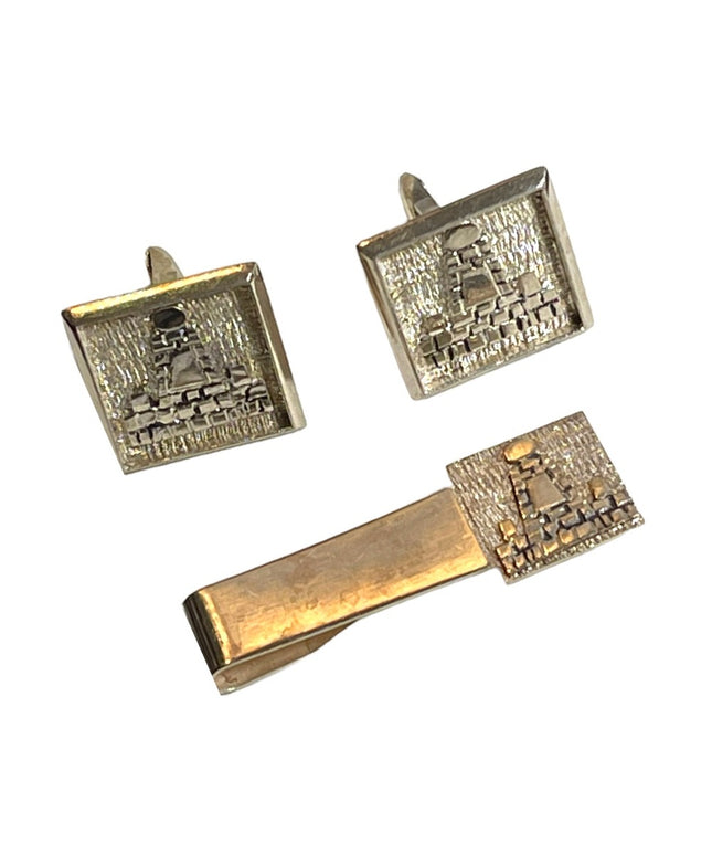 Vintage 1960s Mexico Mayan Aztec pyramids 900 Silver Cuff links & tie clip SET
