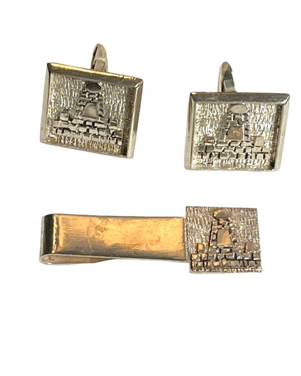 Vintage 1960s Mexico Mayan Aztec pyramids 900 Silver Cuff links & tie clip SET