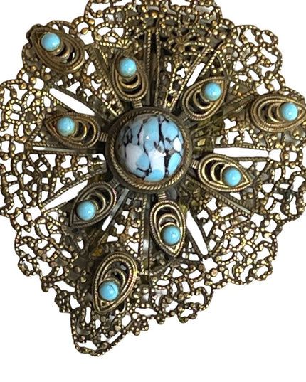 Antique Ornate brass filagree metal blue matrix glass faux torquois FUR CLIP