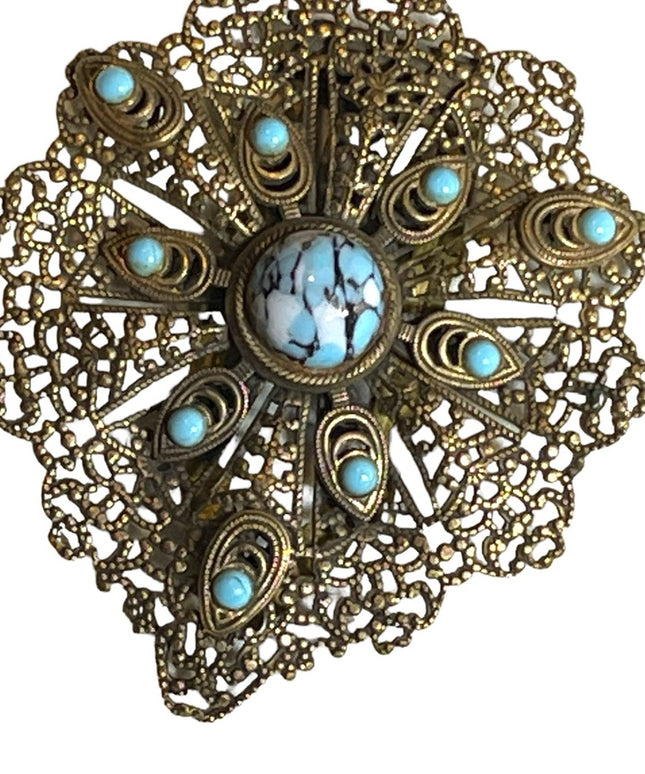 Antique Ornate brass filagree metal blue matrix glass faux torquois FUR CLIP