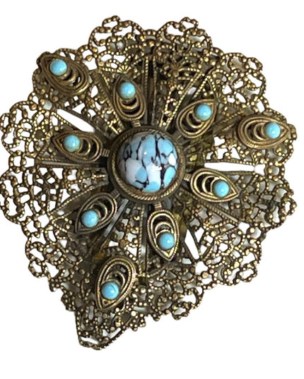 Antique Ornate brass filagree metal blue matrix glass faux torquois FUR CLIP