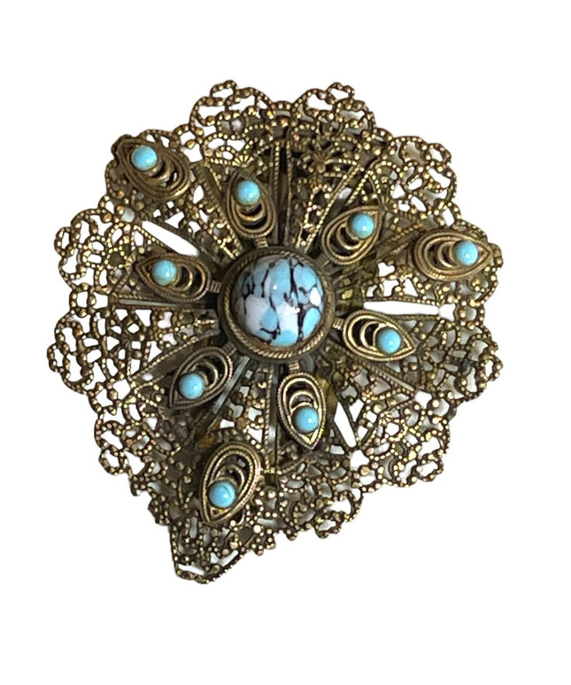 Antique Ornate brass filagree metal blue matrix glass faux torquois FUR CLIP